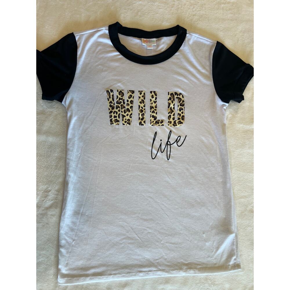 LuLaRoe Classic T Shirt XS White Black Ringer Tee Wild Life Graphic Cheetah